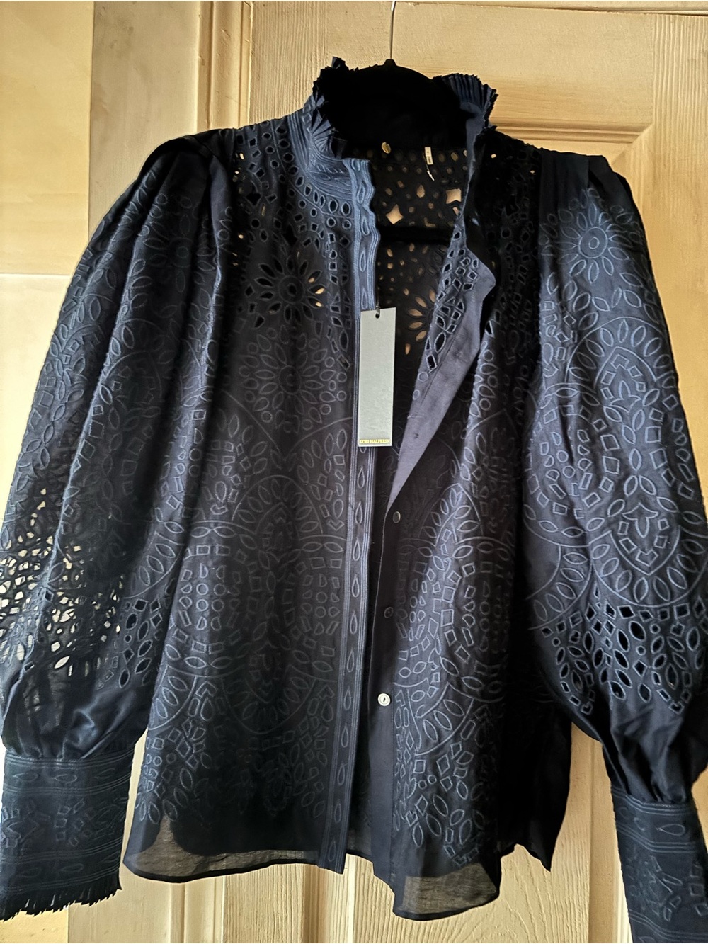Kobi Halperin Navy Eyelet Puff-Sleeve Button Front Blouse new/tag